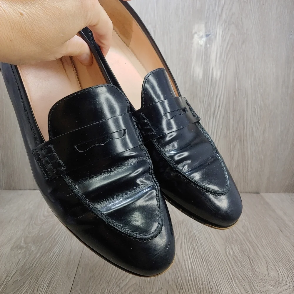 J. Crew Academy Penny Loafer Italian Leather SlipOn Muted Black Patent 8.5 J8501